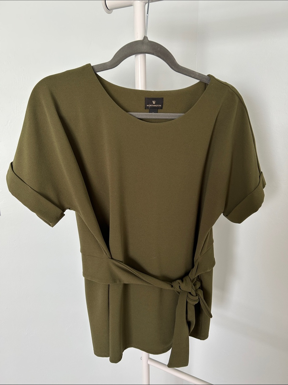 Worthington Olive Tie-Waist Short Sleeve Top - Size L